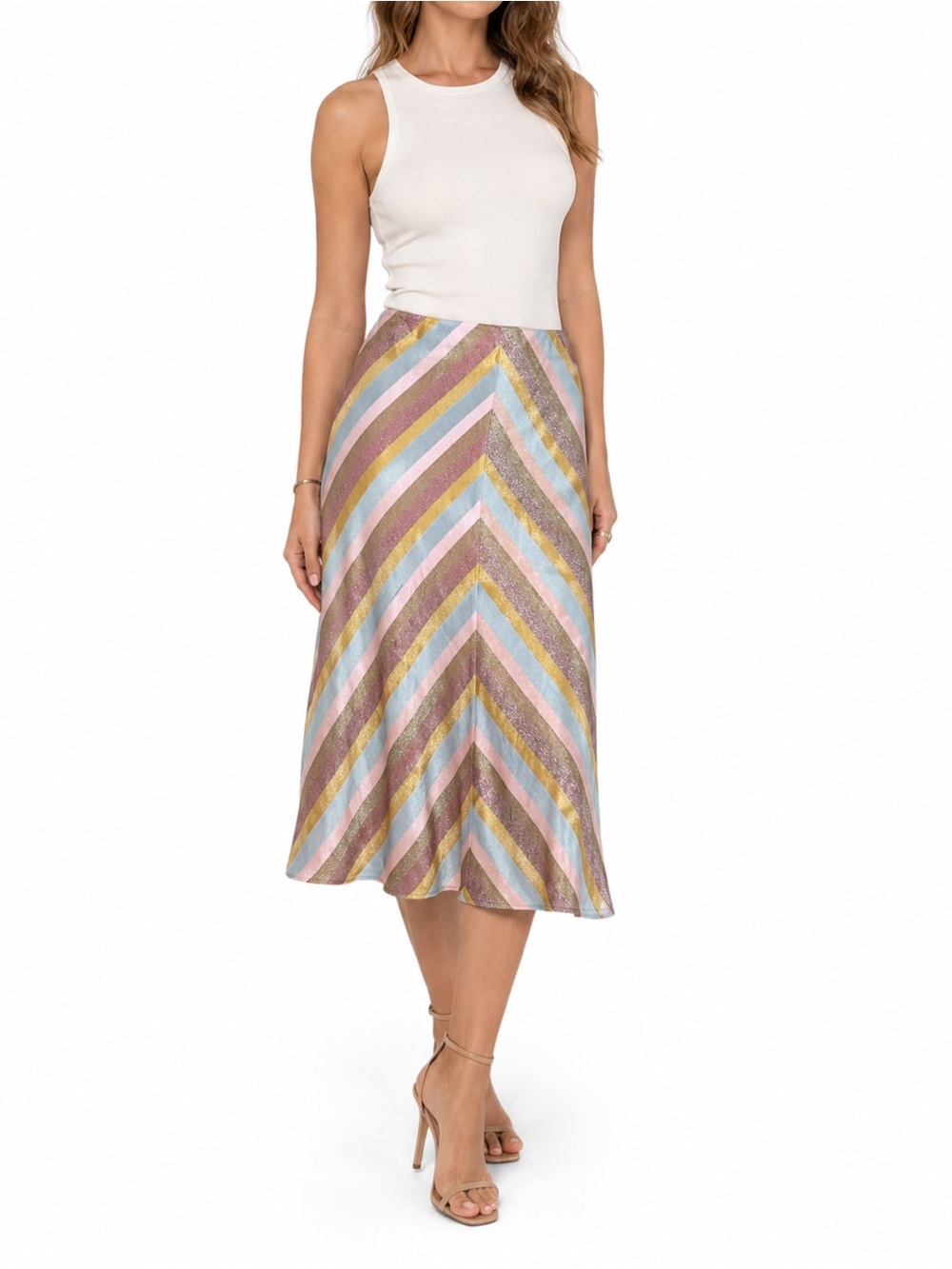 Striped A-Line Midi Skirt  Pastel metallic Pink, Blue & Gold Zara skirt size XL